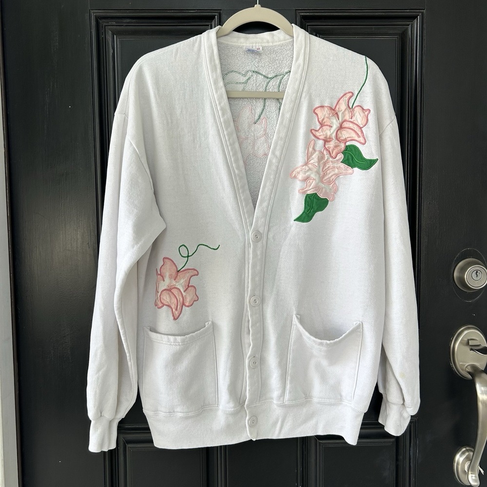 Vintage 90s Jerzees Floral Cardigan Sweatshirt One Size White Grannycore Cozy